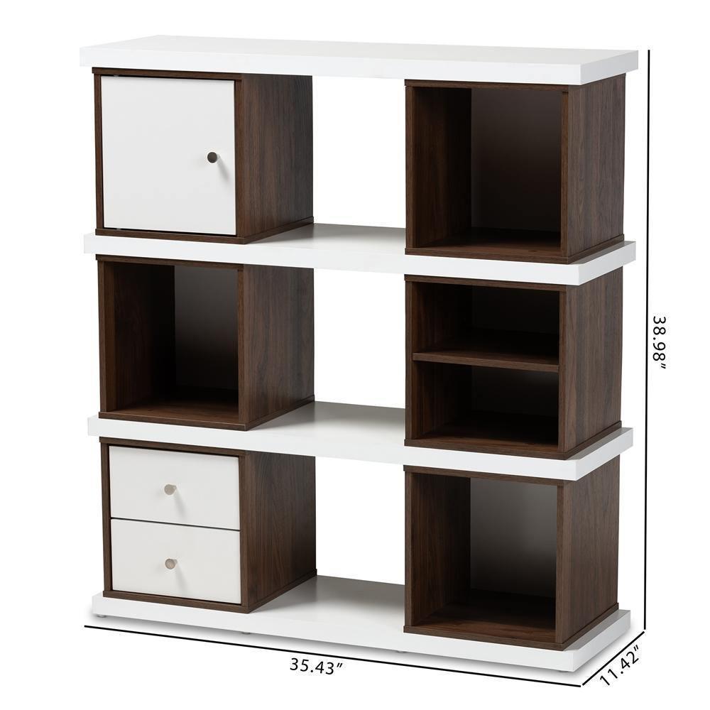 Rune Modern and Contemporary Two-Tone White and Walnut Brown Finished 2-Drawer Bookcase FredCo