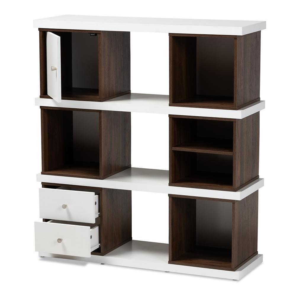 Rune Modern and Contemporary Two-Tone White and Walnut Brown Finished 2-Drawer Bookcase FredCo