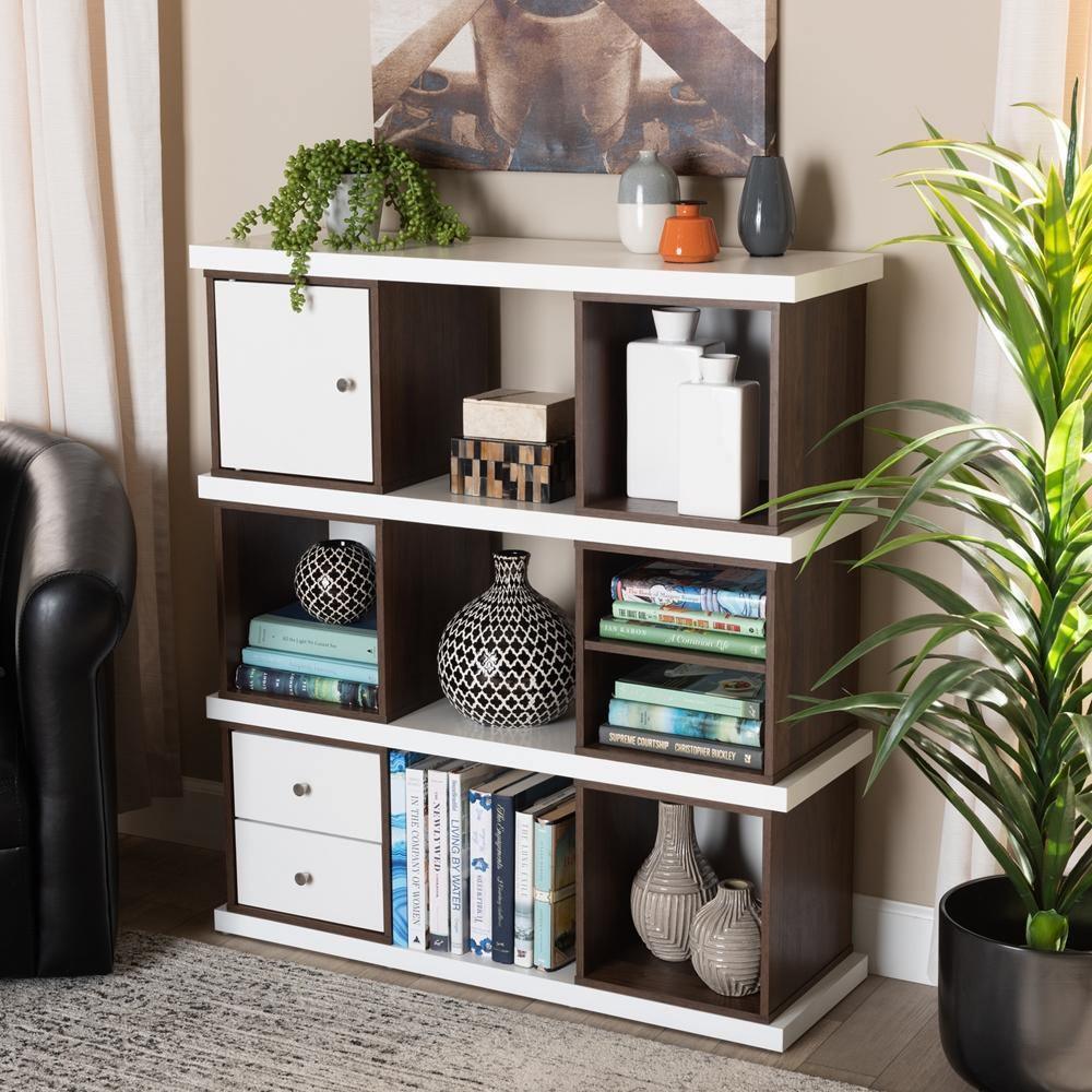 Rune Modern and Contemporary Two-Tone White and Walnut Brown Finished 2-Drawer Bookcase FredCo