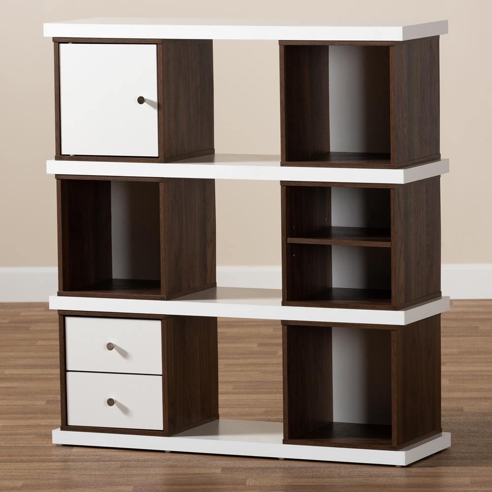 Rune Modern and Contemporary Two-Tone White and Walnut Brown Finished 2-Drawer Bookcase FredCo