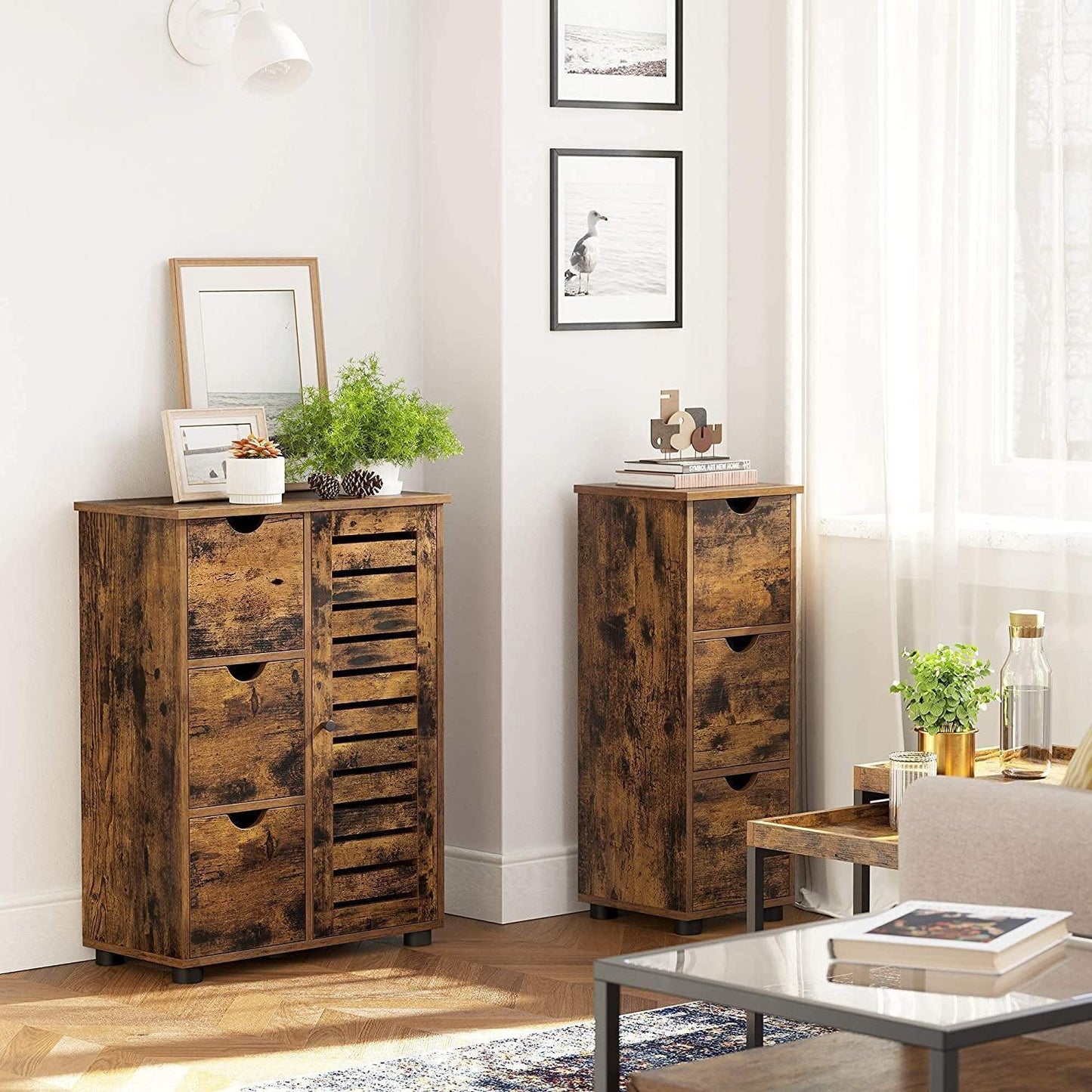 Rustic Brown 3 Drawers Storage Cabinet for Bathroom FredCo