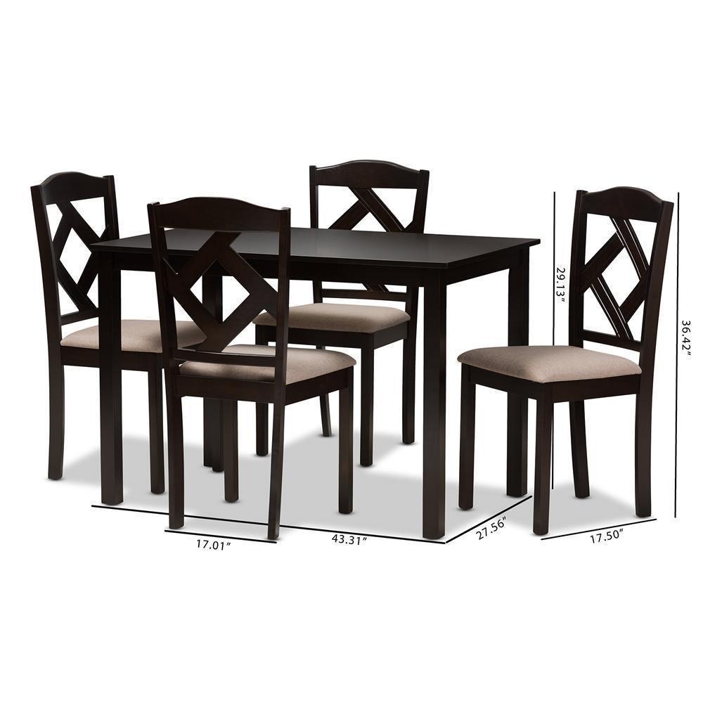 Ruth Modern and Contemporary Beige Fabric Upholstered and Dark Brown Finished 5-Piece Dining Set FredCo