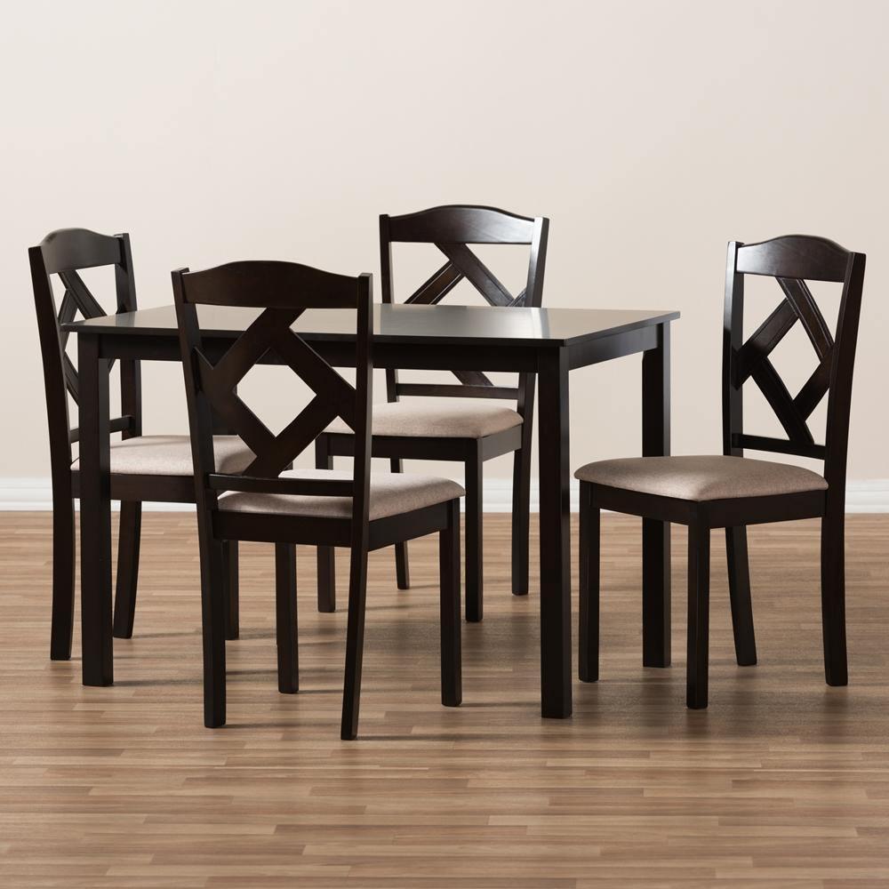 Ruth Modern and Contemporary Beige Fabric Upholstered and Dark Brown Finished 5-Piece Dining Set FredCo