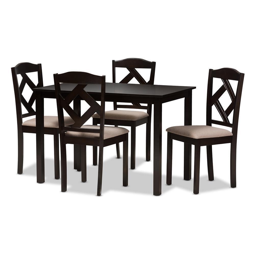 Ruth Modern and Contemporary Beige Fabric Upholstered and Dark Brown Finished 5-Piece Dining Set FredCo