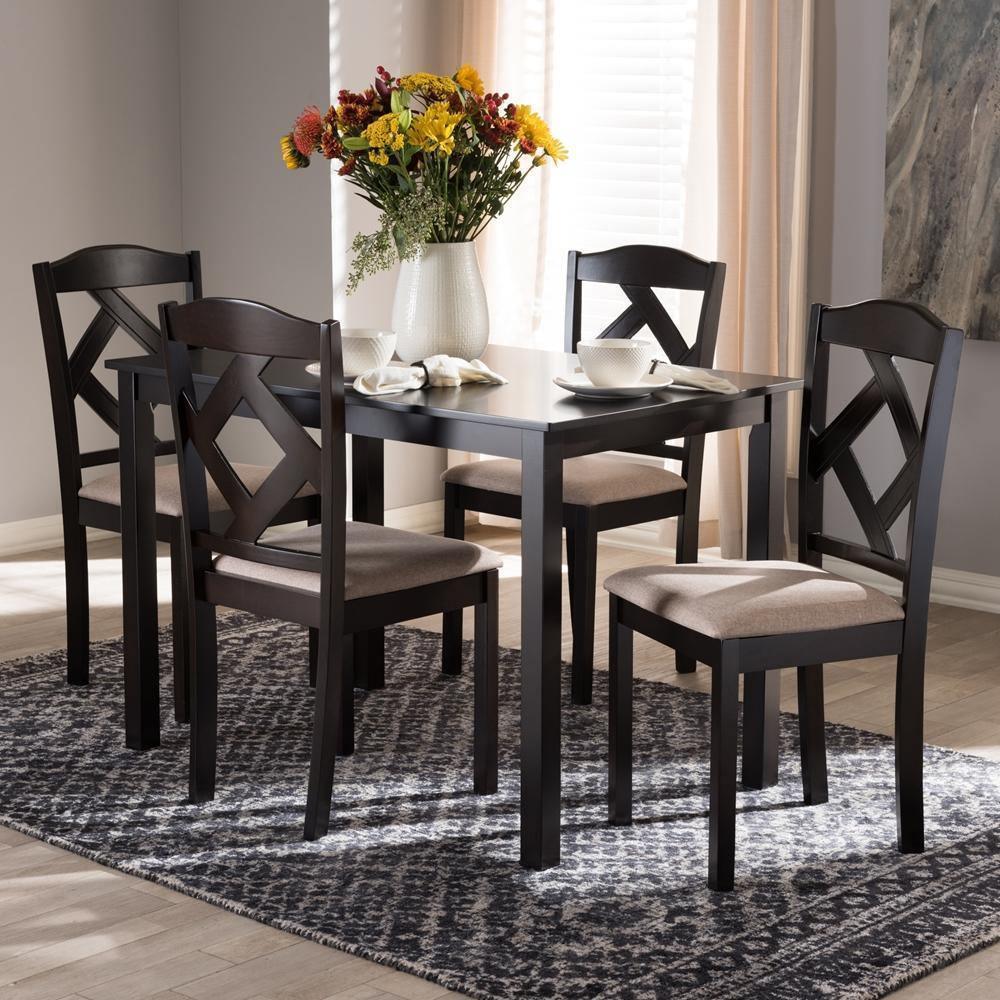 Ruth Modern and Contemporary Beige Fabric Upholstered and Dark Brown Finished 5-Piece Dining Set FredCo