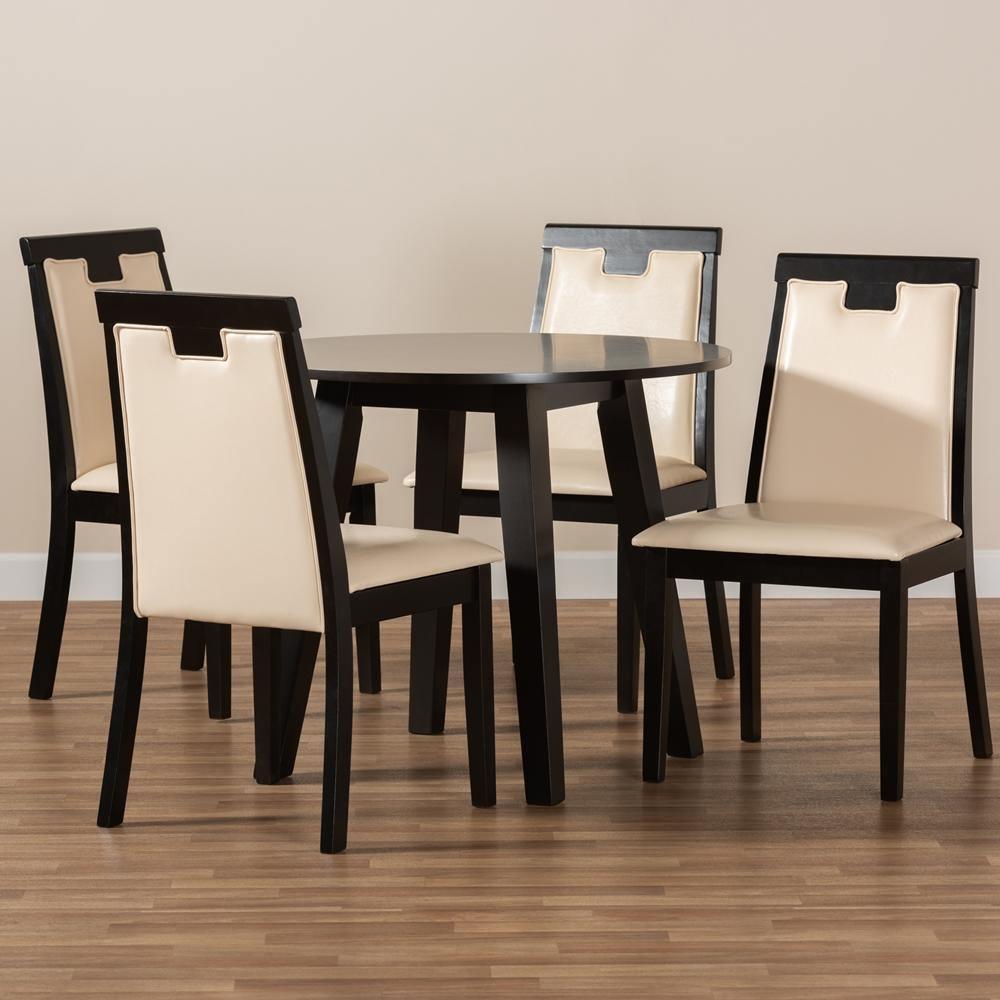 Ryan Modern and Contemporary Beige Faux Leather Upholstered and Dark Brown Finished Wood 5-Piece Dining Set FredCo