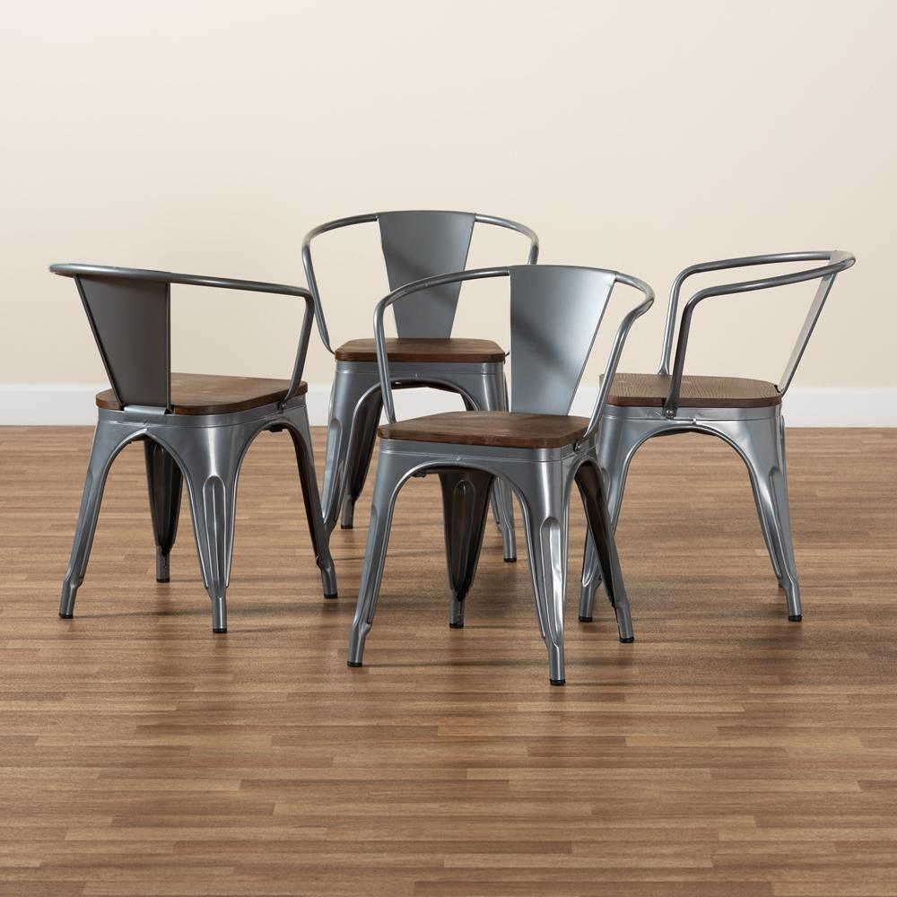 Ryland Modern Industrial Grey Metal and Walnut Brown Finished Wood 4-Piece Dining Chair Set FredCo