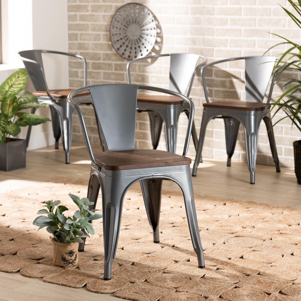 Ryland Modern Industrial Grey Metal and Walnut Brown Finished Wood 4-Piece Dining Chair Set FredCo