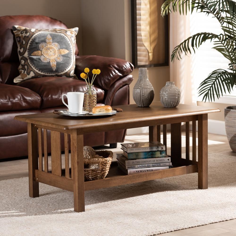 Rylie Traditional Transitional Mission Style Walnut Brown Finished Rectangular Wood Coffee Table FredCo