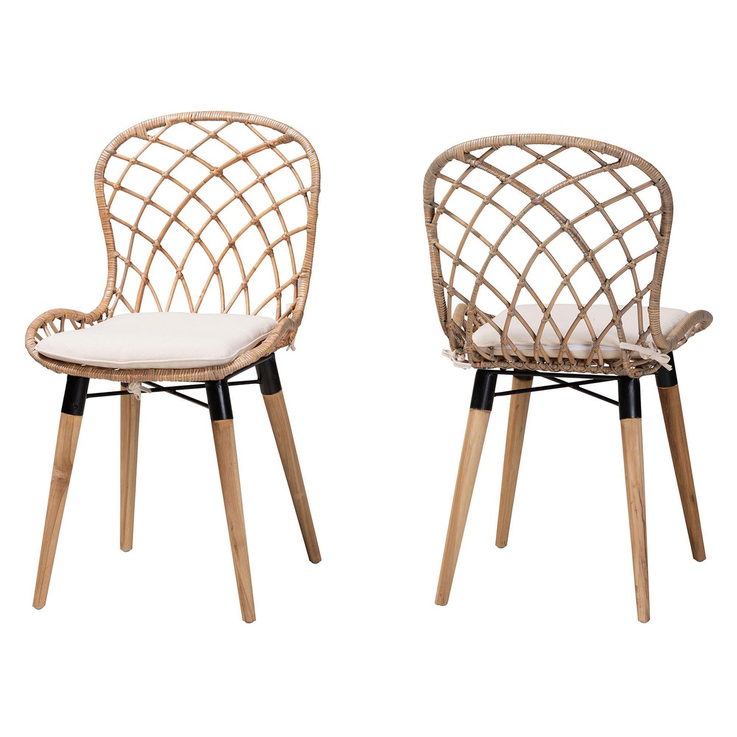 Sabelle Modern Bohemian Natural Brown Finished Teak Wood and Greywashed Rattan Dining Chair FredCo