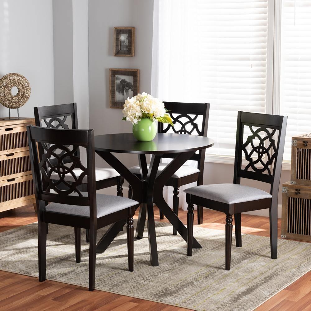 Sadie Modern and Contemporary Grey Fabric Upholstered and Dark Brown Finished Wood 5-Piece Dining Set FredCo