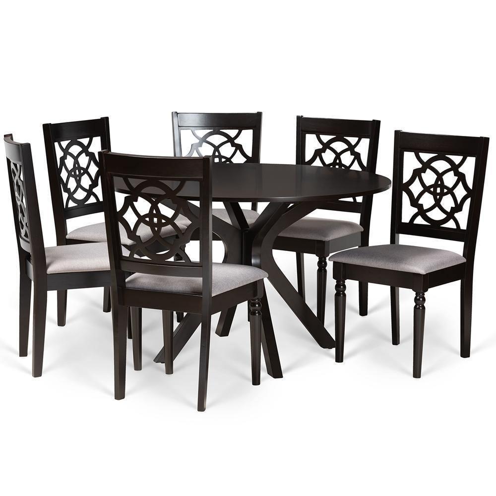 Sadie Modern and Contemporary Grey Fabric Upholstered and Dark Brown Finished Wood 7-Piece Dining Set FredCo