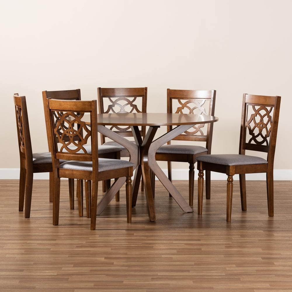 Sadie Modern and Contemporary Grey Fabric Upholstered and Walnut Brown Finished Wood 7-Piece Dining Set FredCo