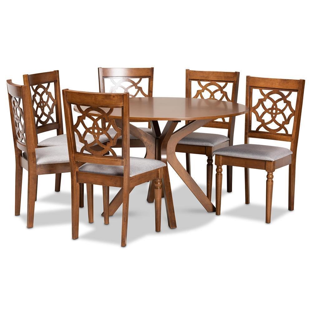 Sadie Modern and Contemporary Grey Fabric Upholstered and Walnut Brown Finished Wood 7-Piece Dining Set FredCo