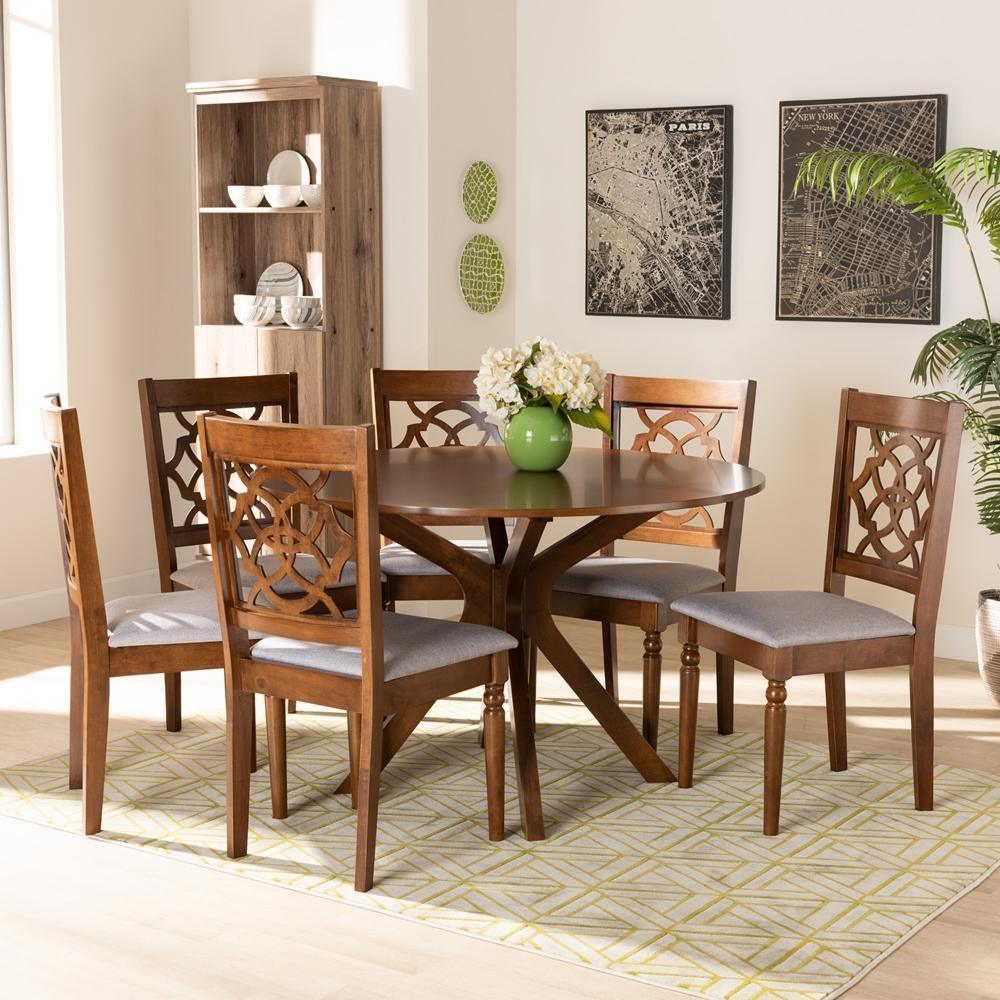 Sadie Modern and Contemporary Grey Fabric Upholstered and Walnut Brown Finished Wood 7-Piece Dining Set FredCo