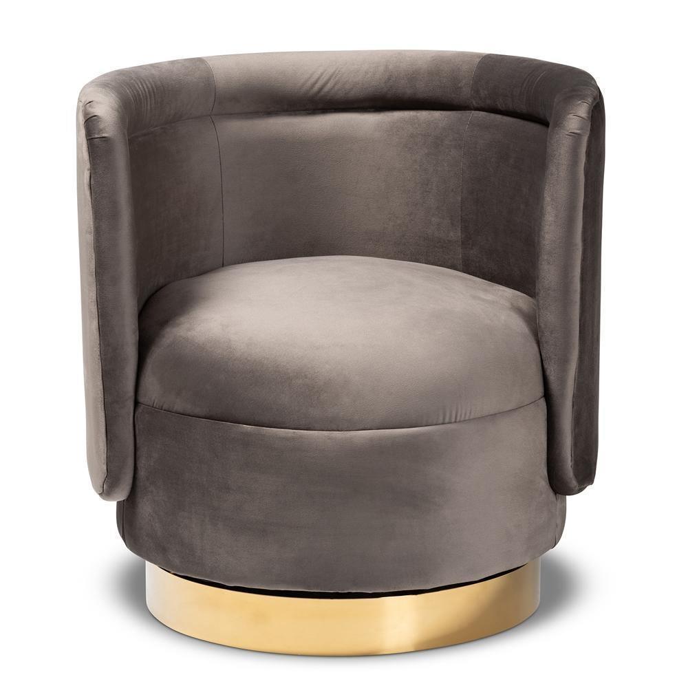 Saffi Glam and Luxe Grey Velvet Fabric Upholstered Gold Finished Swivel Accent Chair FredCo