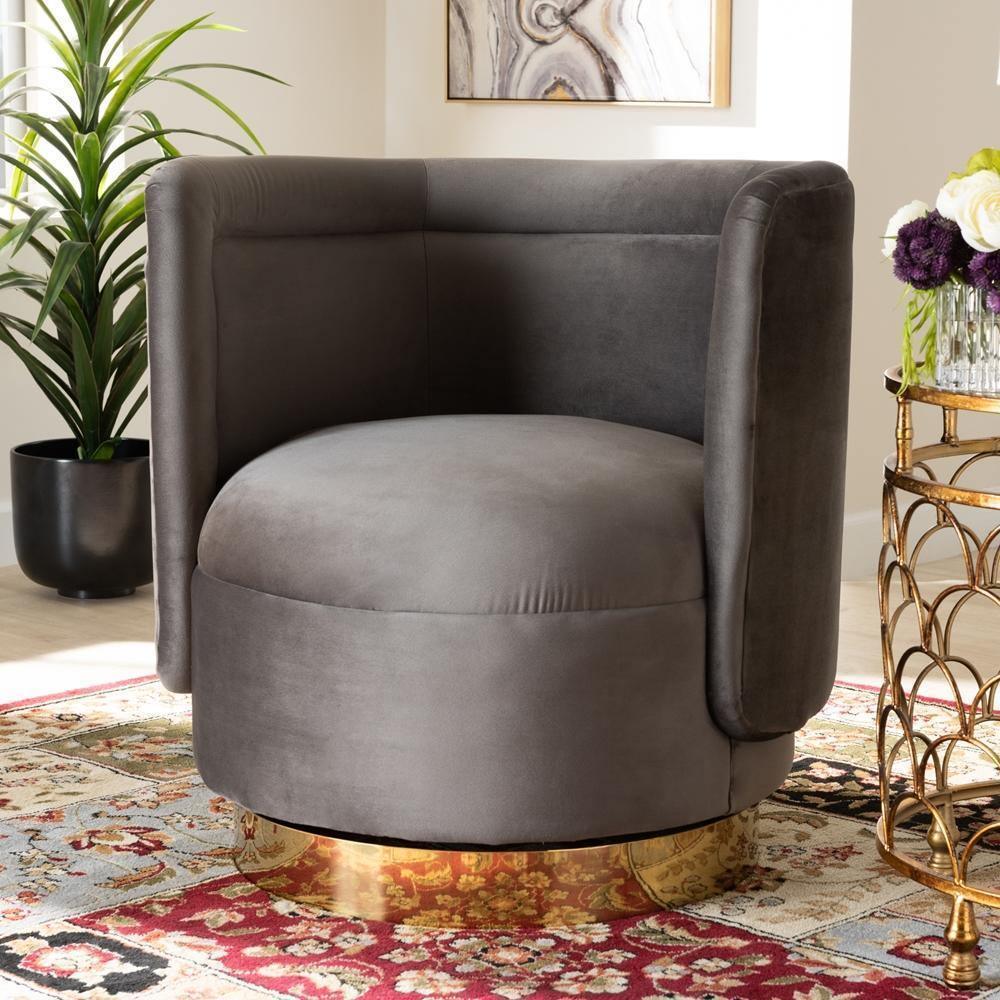 Saffi Glam and Luxe Grey Velvet Fabric Upholstered Gold Finished Swivel Accent Chair FredCo