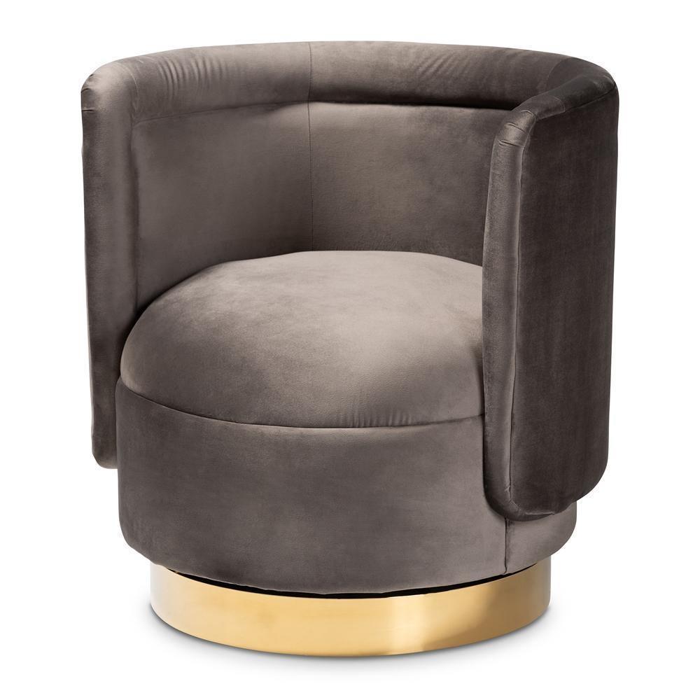 Saffi Glam and Luxe Grey Velvet Fabric Upholstered Gold Finished Swivel Accent Chair FredCo