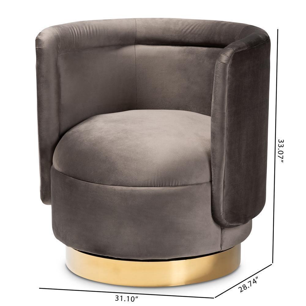 Saffi Glam and Luxe Grey Velvet Fabric Upholstered Gold Finished Swivel Accent Chair FredCo