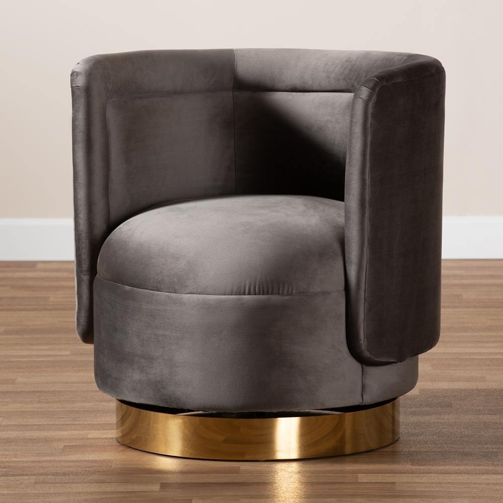 Saffi Glam and Luxe Grey Velvet Fabric Upholstered Gold Finished Swivel Accent Chair FredCo