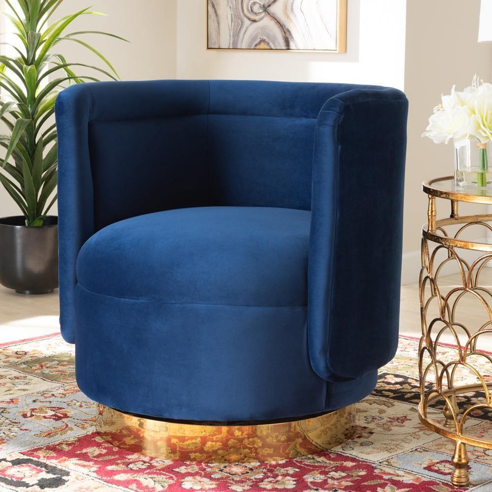 Saffi Glam and Luxe Royal Blue Velvet Fabric Upholstered Gold Finished Swivel Accent Chair FredCo
