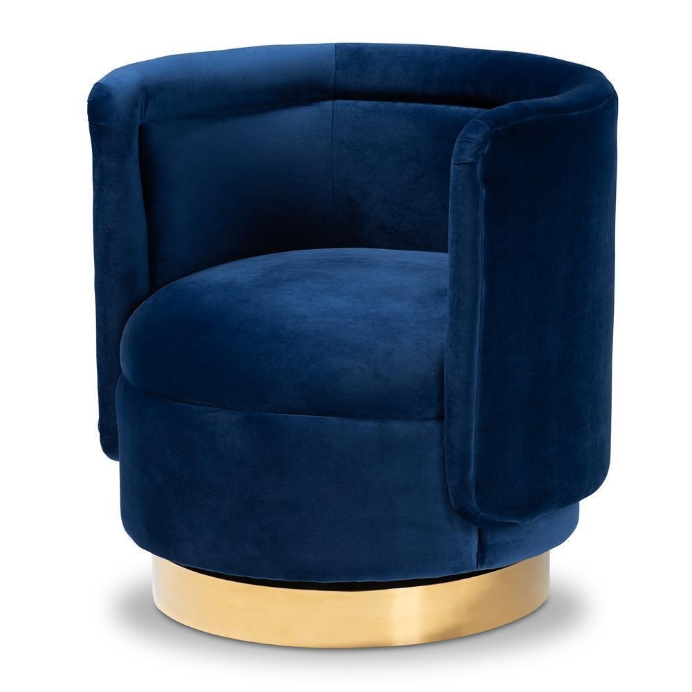 Saffi Glam and Luxe Royal Blue Velvet Fabric Upholstered Gold Finished Swivel Accent Chair FredCo