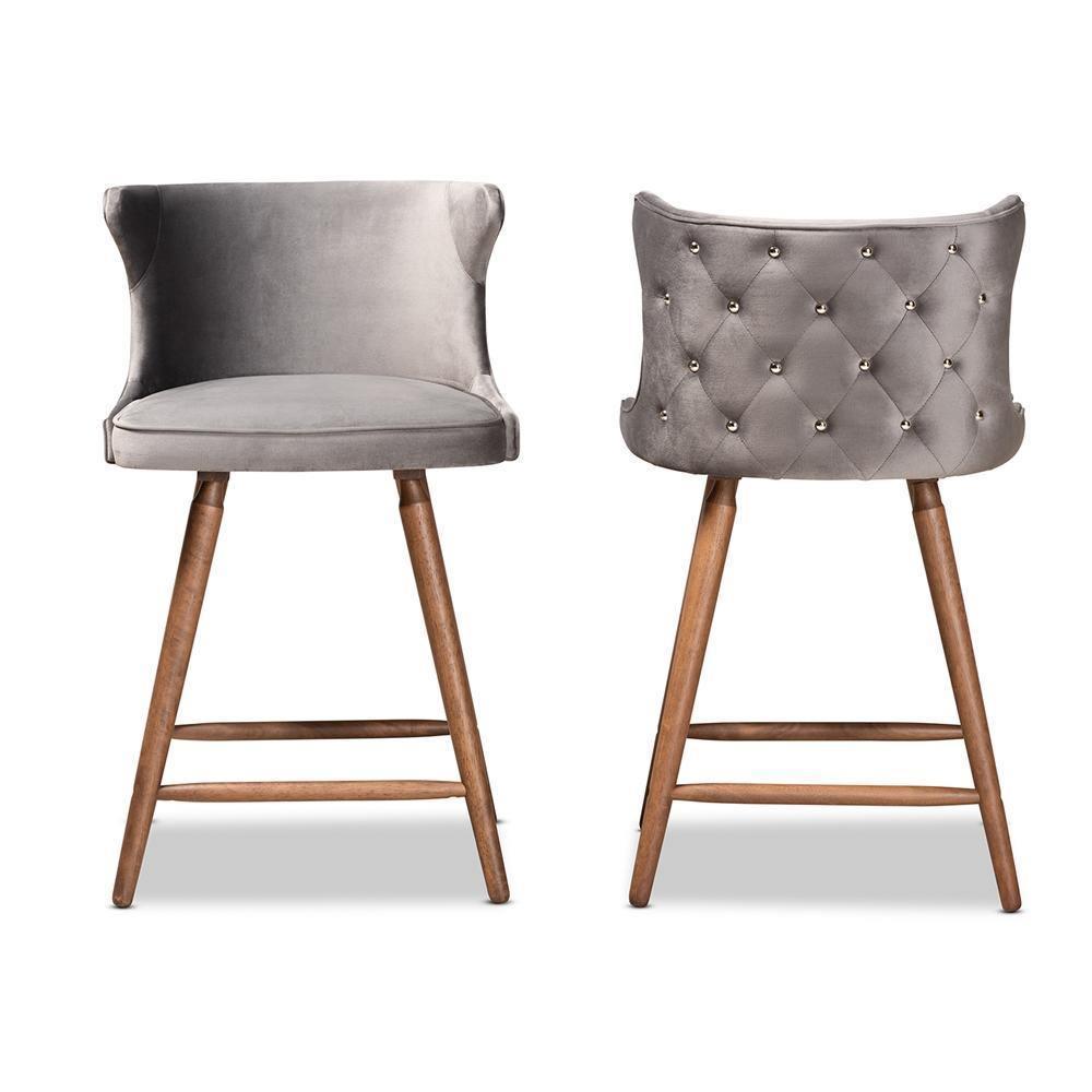 Sagira Modern and Contemporary Transitional Grey Velvet Fabric Upholstered and Walnut Brown Finished Wood 2-Piece Counter Stool Set FredCo