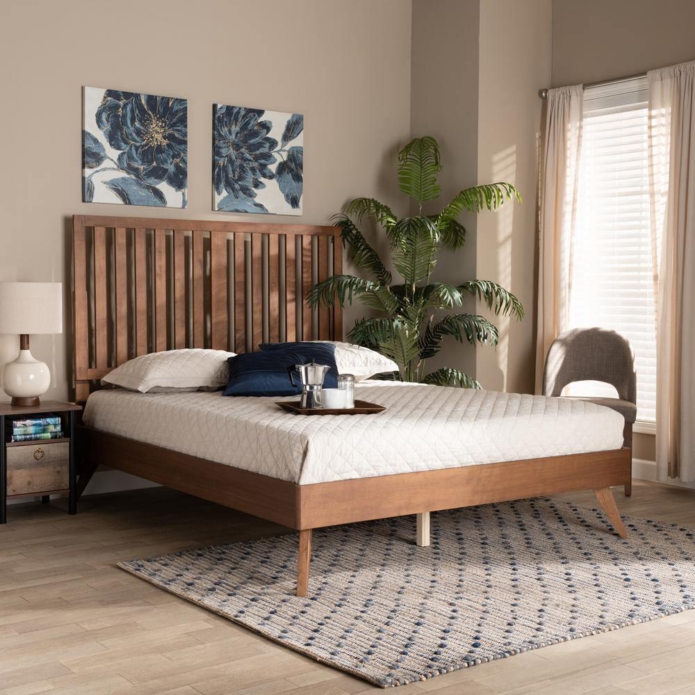 Saki Mid-Century Modern Walnut Brown Finished Wood Queen Size Platform Bed FredCo