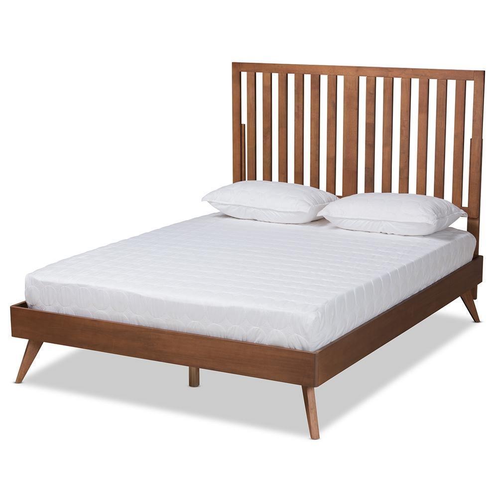 Saki Mid-Century Modern Walnut Brown Finished Wood Queen Size Platform Bed FredCo