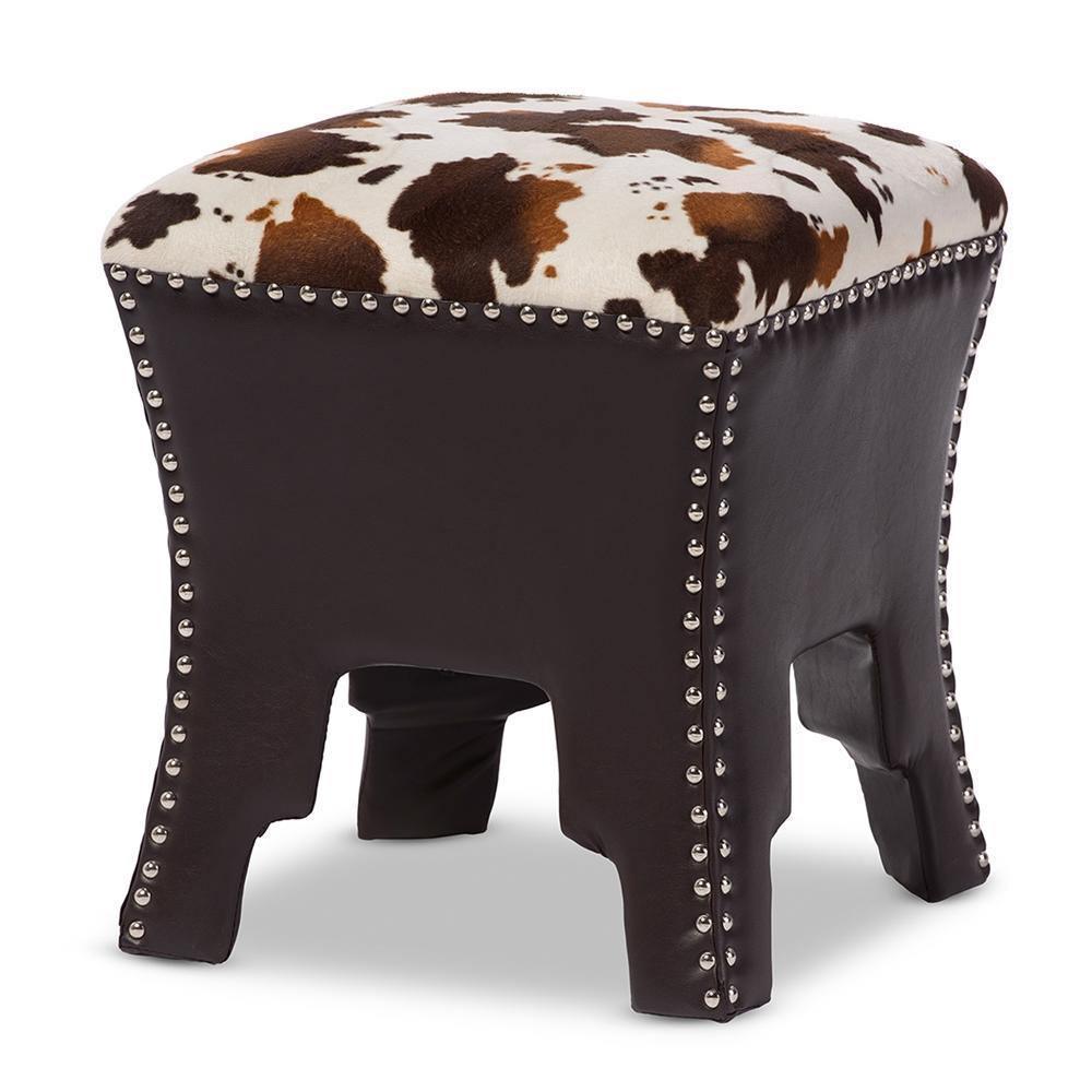 Sally Modern and Contemporary Cow-print Patterned Fabric Brown Faux Leather Upholstered Accent Stool with Nail heads FredCo