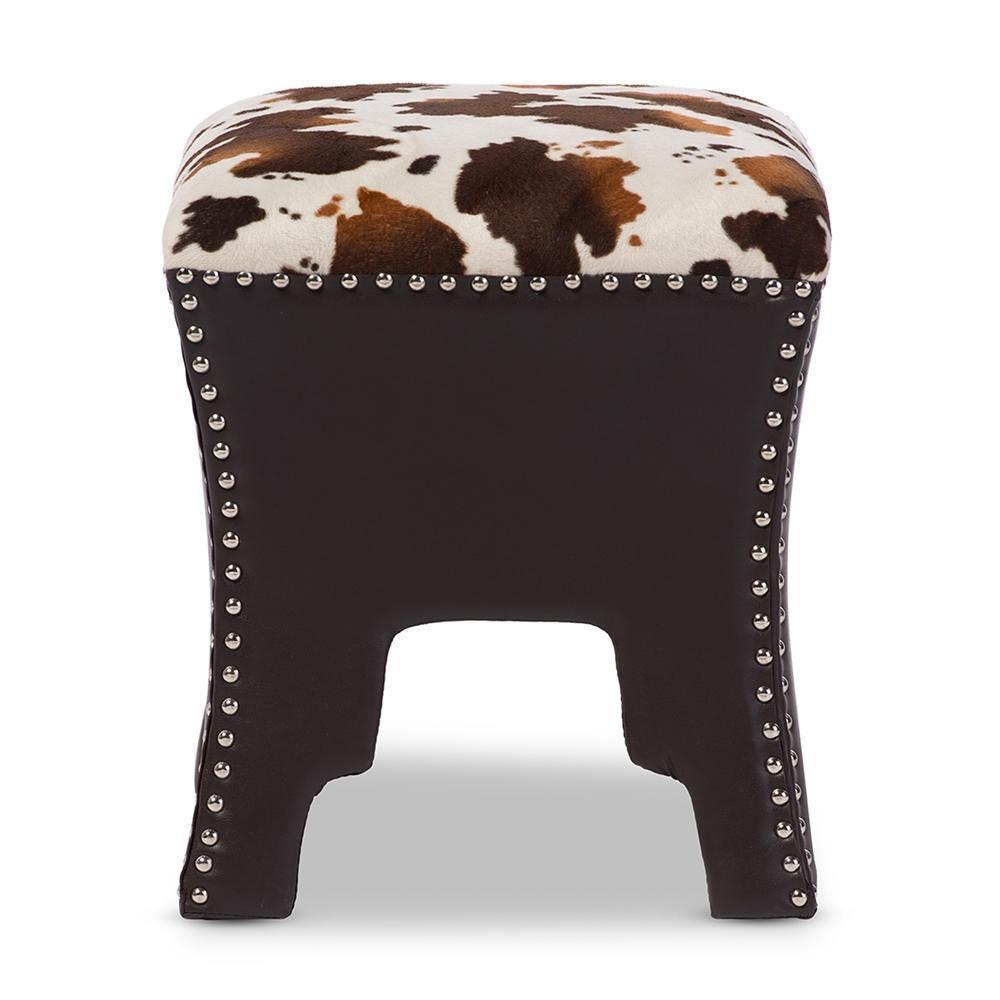 Sally Modern and Contemporary Cow-print Patterned Fabric Brown Faux Leather Upholstered Accent Stool with Nail heads FredCo