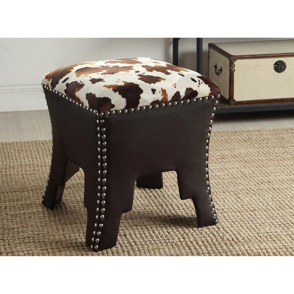 Sally Modern and Contemporary Cow-print Patterned Fabric Brown Faux Leather Upholstered Accent Stool with Nail heads FredCo