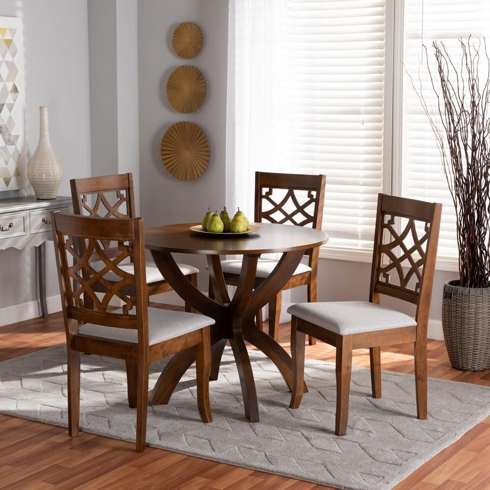 Sandra Modern and Contemporary Grey Fabric Upholstered and Walnut Brown Finished Wood 5-Piece Dining Set FredCo
