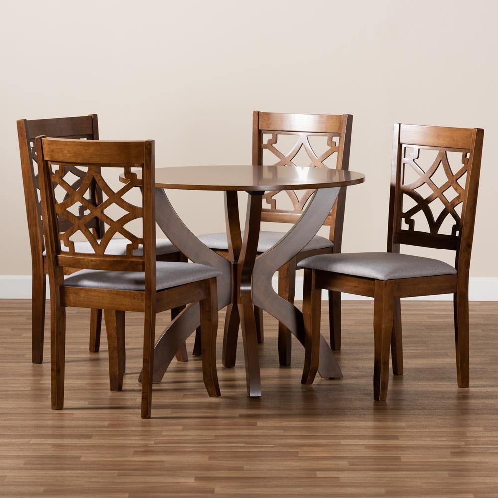 Sandra Modern and Contemporary Grey Fabric Upholstered and Walnut Brown Finished Wood 5-Piece Dining Set FredCo