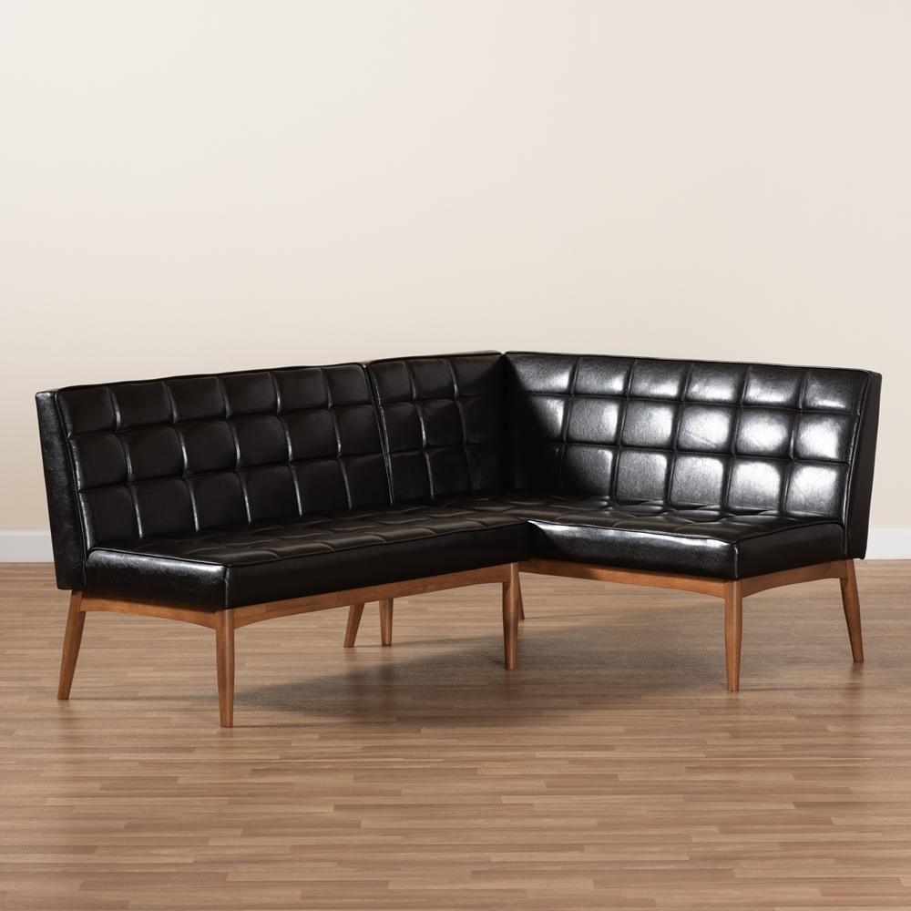 Sanford Mid-Century Modern Dark Brown Faux Leather Upholstered and Walnut Brown Finished Wood 2-Piece Dining Nook Banquette Set FredCo