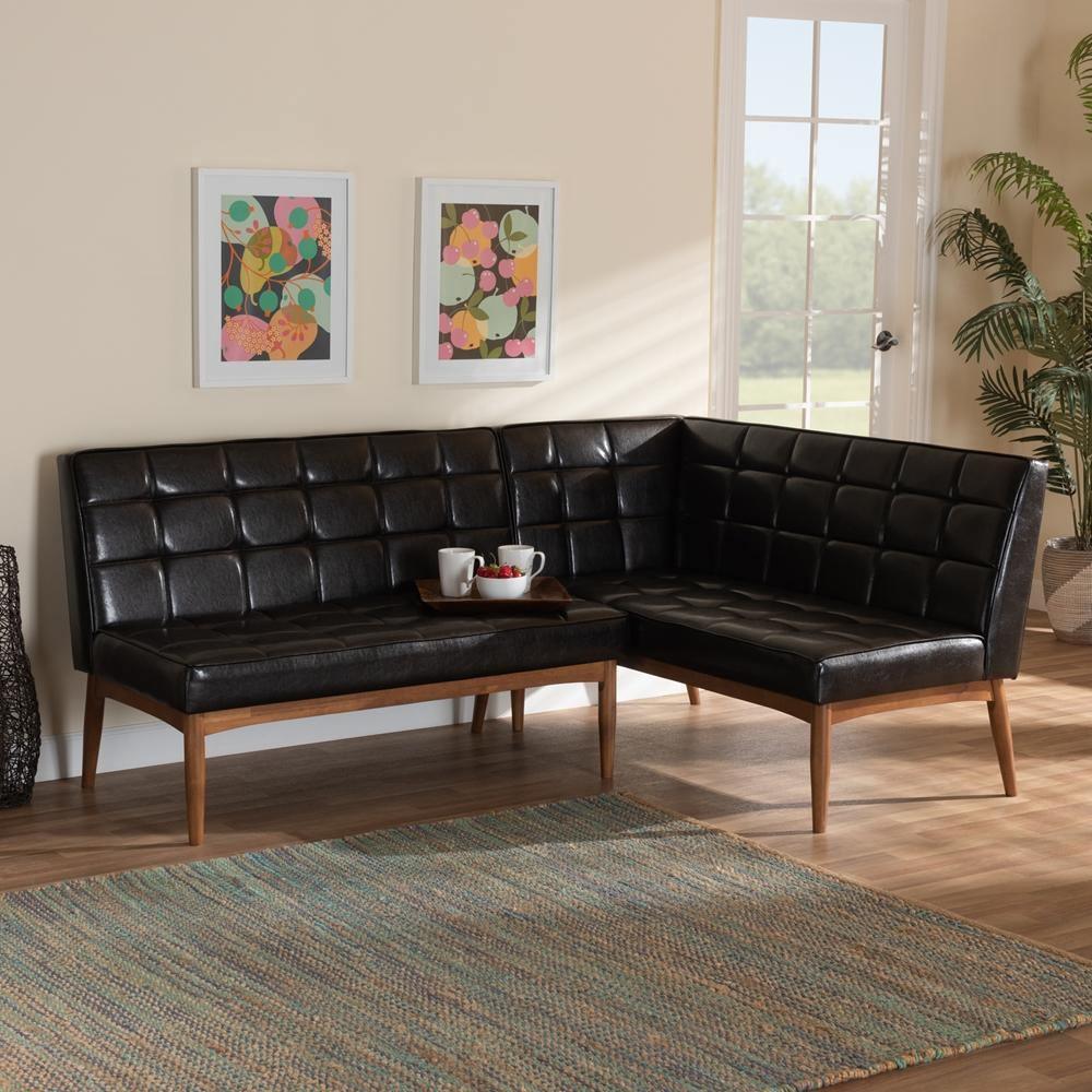 Sanford Mid-Century Modern Dark Brown Faux Leather Upholstered and Walnut Brown Finished Wood 2-Piece Dining Nook Banquette Set FredCo