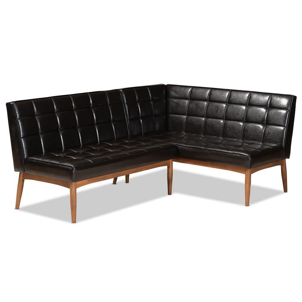 Sanford Mid-Century Modern Dark Brown Faux Leather Upholstered and Walnut Brown Finished Wood 2-Piece Dining Nook Banquette Set FredCo