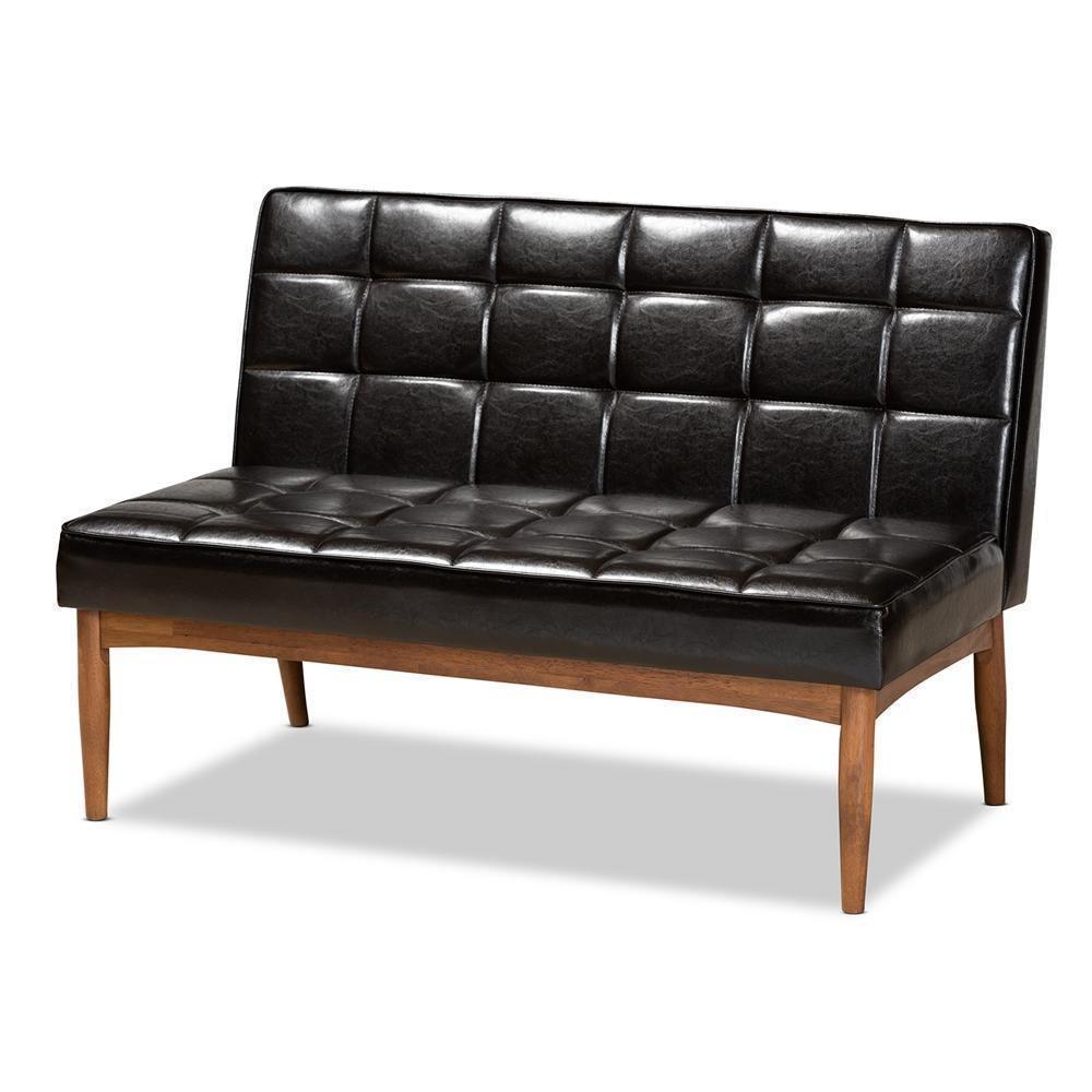 Sanford Mid-Century Modern Dark Brown Faux Leather Upholstered and Walnut Brown Finished Wood 2-Piece Dining Nook Banquette Set FredCo