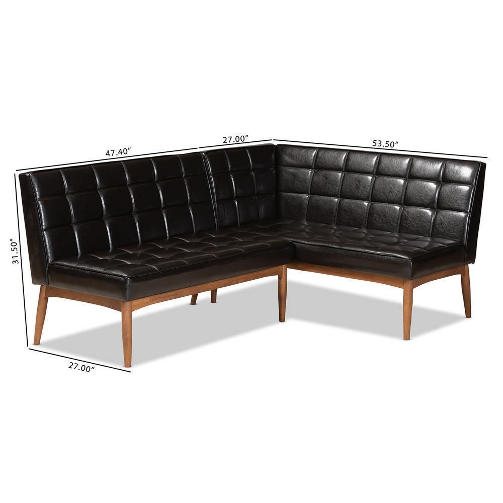 Sanford Mid-Century Modern Dark Brown Faux Leather Upholstered and Walnut Brown Finished Wood 2-Piece Dining Nook Banquette Set FredCo