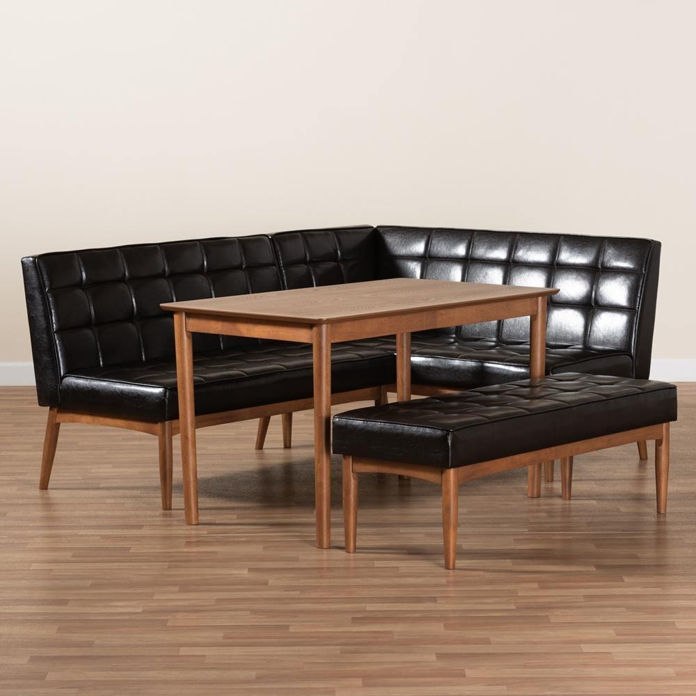Sanford Mid-Century Modern Dark Brown Faux Leather Upholstered and Walnut Brown Finished Wood 4-Piece Dining Nook Set FredCo