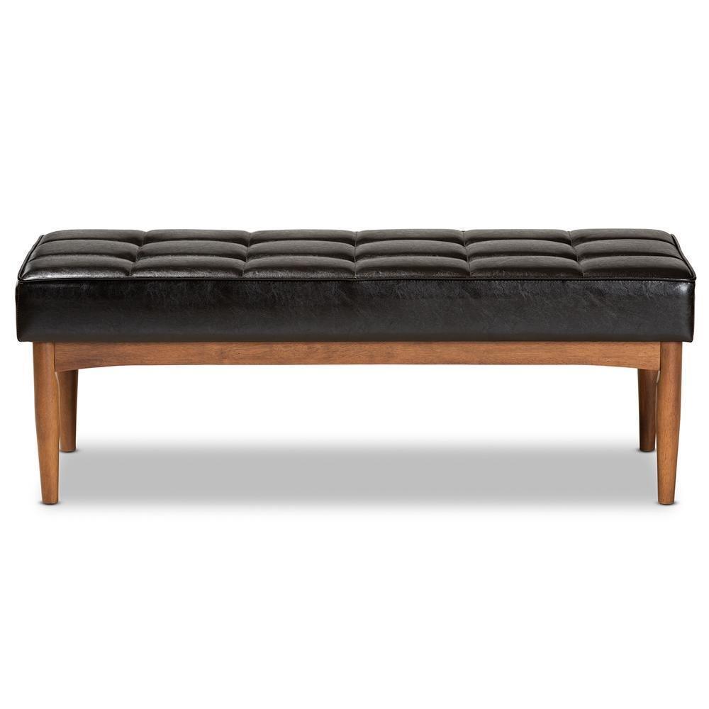 Sanford Mid-Century Modern Dark Brown Faux Leather Upholstered and Walnut Brown Finished Wood Dining Bench FredCo