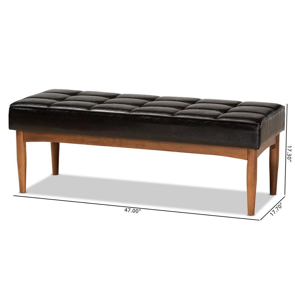 Sanford Mid-Century Modern Dark Brown Faux Leather Upholstered and Walnut Brown Finished Wood Dining Bench FredCo