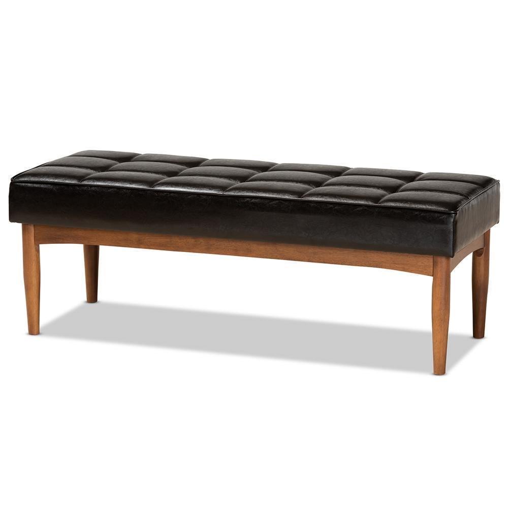 Sanford Mid-Century Modern Dark Brown Faux Leather Upholstered and Walnut Brown Finished Wood Dining Bench FredCo