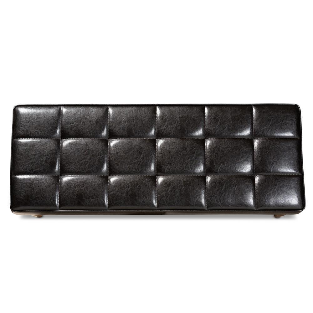 Sanford Mid-Century Modern Dark Brown Faux Leather Upholstered and Walnut Brown Finished Wood Dining Bench FredCo