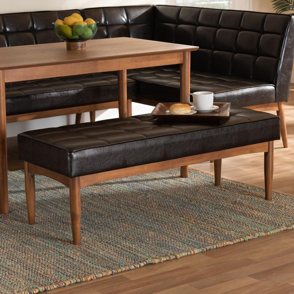 Sanford Mid-Century Modern Dark Brown Faux Leather Upholstered and Walnut Brown Finished Wood Dining Bench FredCo