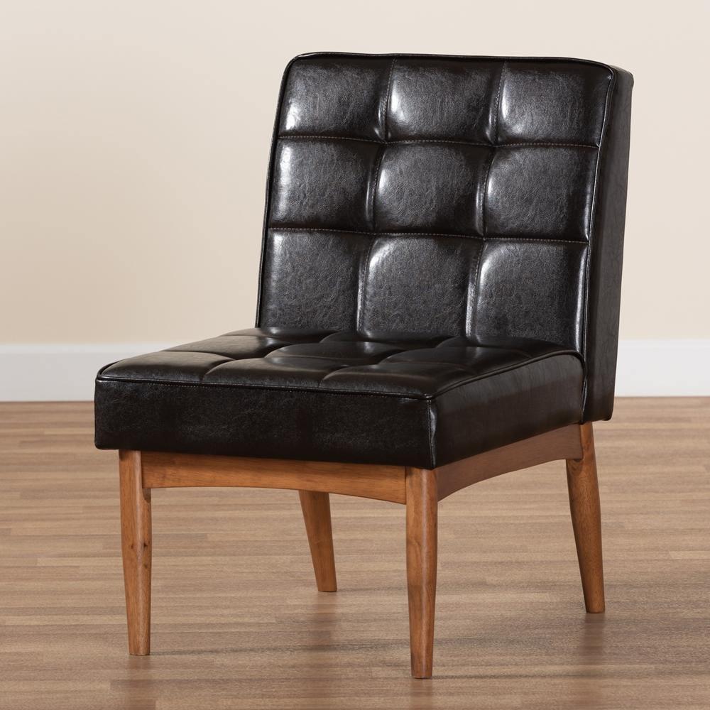 Sanford Mid-Century Modern Dark Brown Faux Leather Upholstered and Walnut Brown Finished Wood Dining Chair FredCo