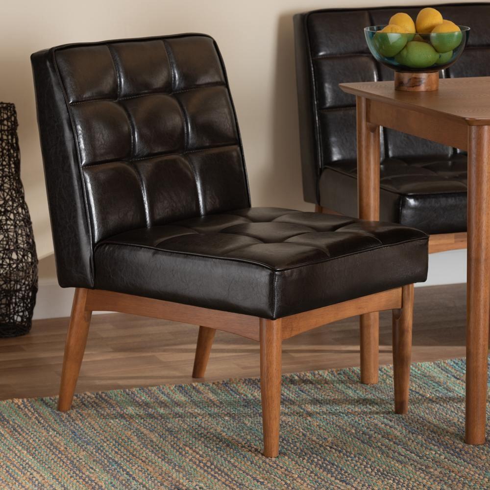 Sanford Mid-Century Modern Dark Brown Faux Leather Upholstered and Walnut Brown Finished Wood Dining Chair FredCo