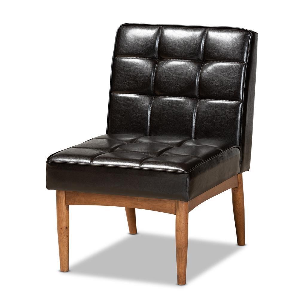 Sanford Mid-Century Modern Dark Brown Faux Leather Upholstered and Walnut Brown Finished Wood Dining Chair FredCo