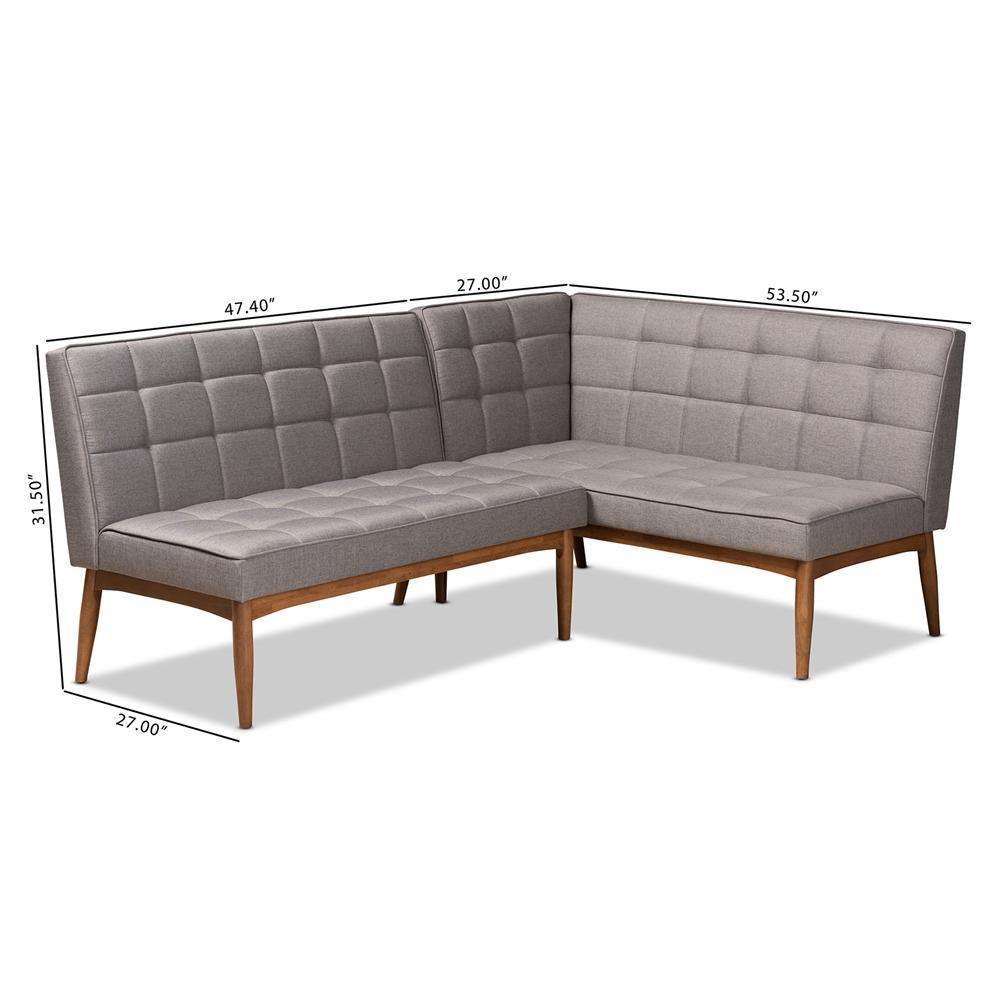 Sanford Mid-Century Modern Grey Fabric Upholstered and Walnut Brown Finished Wood 2-Piece Dining Nook Banquette Set FredCo