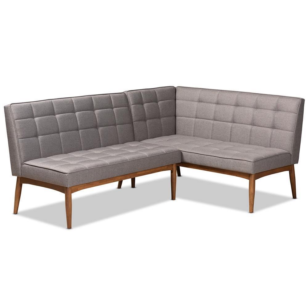 Sanford Mid-Century Modern Grey Fabric Upholstered and Walnut Brown Finished Wood 2-Piece Dining Nook Banquette Set FredCo